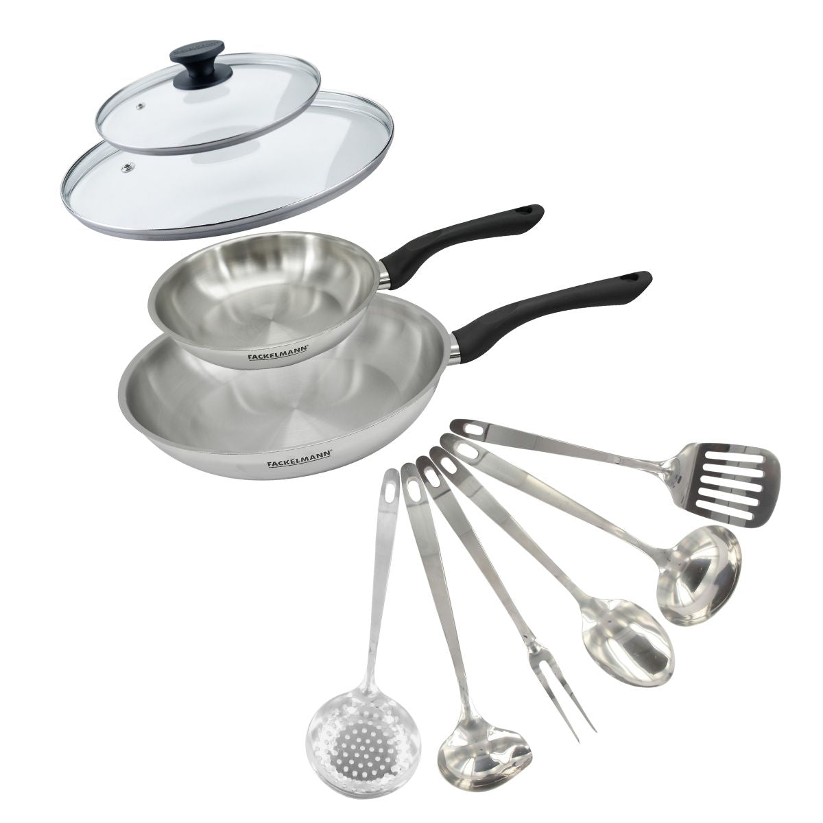 Set aus 2 Edelstahlpfannen 20 und 28 cm, Glasdeckel und 6 Edelstahlutensilien Fackelmann Genf Image