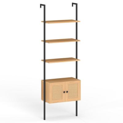 Costway 5-Tier Ladder Bookcase with Rattan Cabinet and Metal Frame-Natural