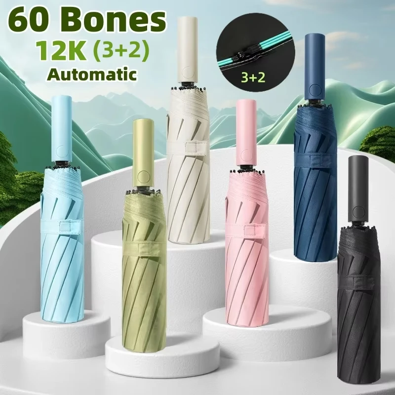 60-Knochen-Business-Regenschirm mit vollautomatischer Falte für Herren, winddicht, starker Sonnenschirm, Anti-UV-Sonne- und Regenschirme, Damen-Sonnenschirm Image