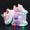 2025 LED Casual Sneakers Frühling Mädchen Gefrorene Elsa Prinzessin Leder Rotierende Schnalle Schuhe Kinder Beleuchtet Rutschfest Rosa Lila