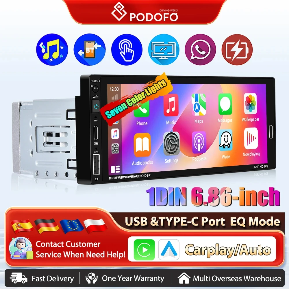 Podofo 1 Din Autoradio mit kabelgebundener CarPlay-Link, Bluetooth, Android-Auto, 6,86 Zoll Multimedia-Player, Autoradio-Musik-Player Image