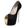 Große Größe 34-45 Super High Heels 16CM Hochzeit Schuhe Frauen Schwarz Flock Mode Gold Plattform Peep Toe damen Party Prom Pumps 16cm