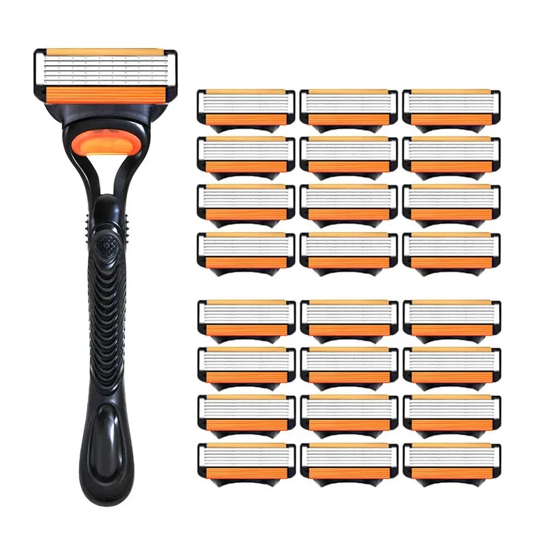 6-lagiges manuelles Rasiermesserset, 1 Griff mit 4/8/12/16/24 Nachfüllungen, manuelle Rasierer aus Edelstahl für die tägliche Gesichtspflege Image