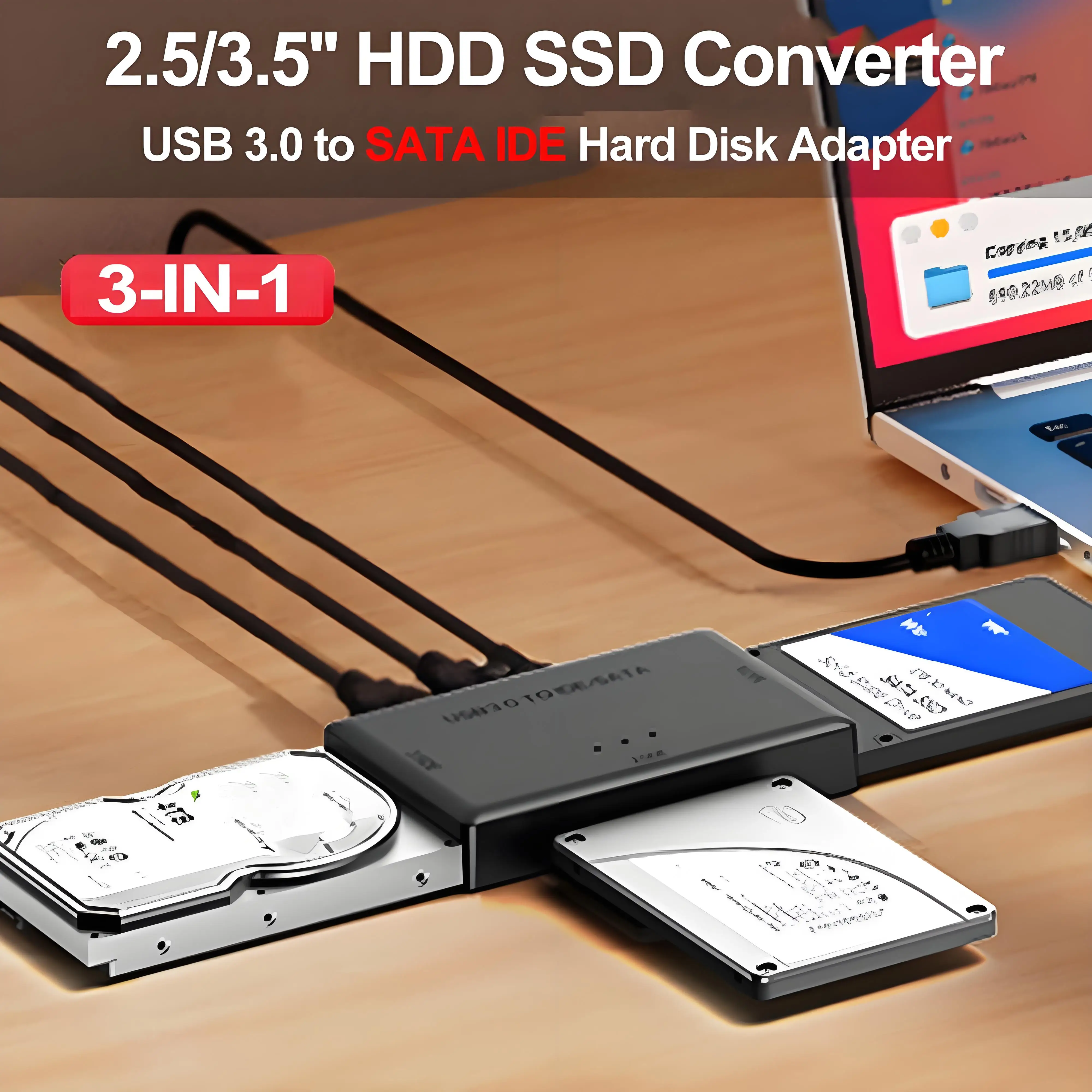 3-IN-1 USB3.0 zu SATA IDE Festplattenadapter 2,5/3,5'' HDD SSD Optisches Laufwerk Datenübertragungskonverter für Laptop Desktop Festplatte Image