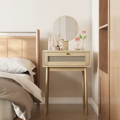 Rattan Makeup Table With Mirror, Makeup Table With Drawer Suit For Small Spaces, For Bedroom, Office, Without Chair, Wood Color