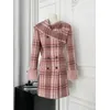 Vintage Winter Rosa Plaid Elegante Große Schal Kragen Zweireiher Woolen Mantel Frauen Koreanische Mode Elegante Dünne Lange Jacke Neue