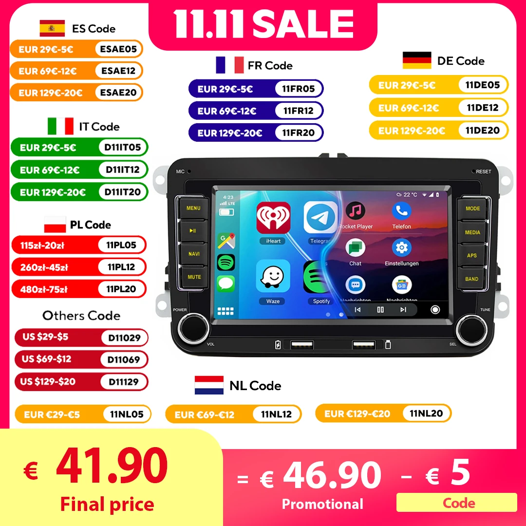 2 Din Android Autoradio Multimedia Player GPS WiFi Carplay für VW Volkswagen Skoda Octavia Golf 5 6 Touran Passat B6 Jetta Image
