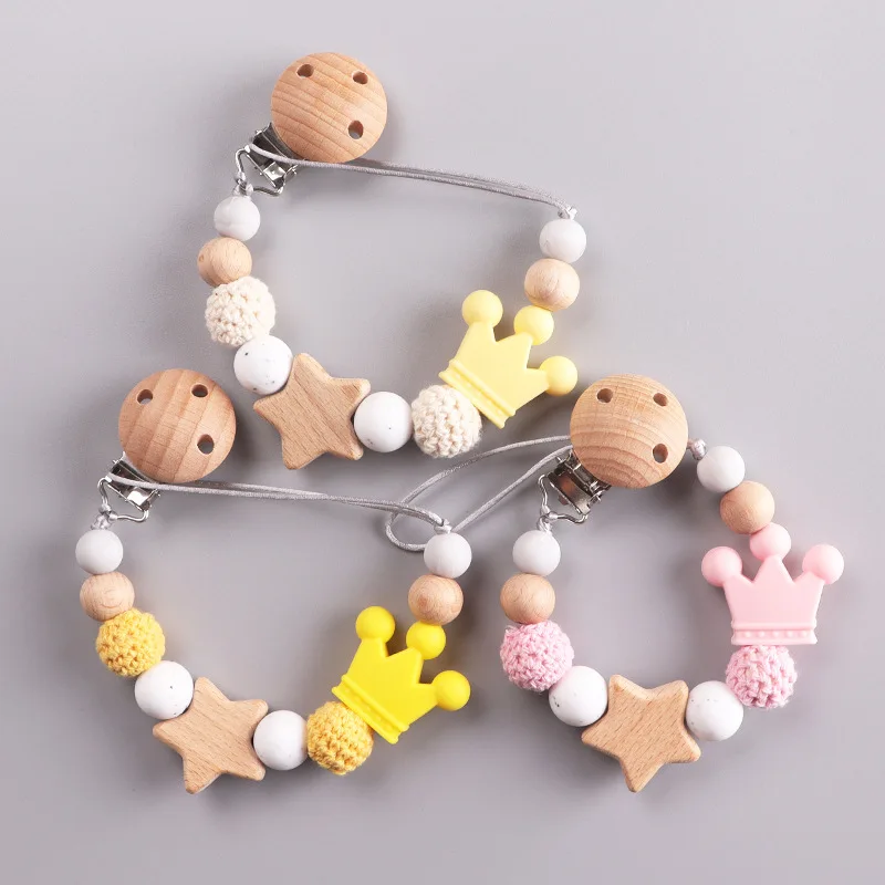Baby Holz Häkeln Runde Perle Schnuller Kette Holz Stern Schnuller Halter Clip Für Baby Beißring Zahnen Kette Pflege Kauen Spielzeug Geschenk Image