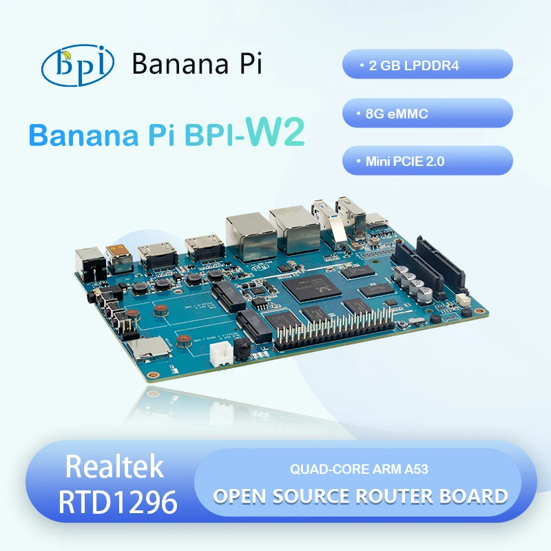 Banana Pi BPI-W2 Realtek RTD1296 Quad-Core Mali T820 MP3 GPU 2G DDR4 mit TF-SIM-Karte nativer SATA 8G eMMC Single Board Computer Image