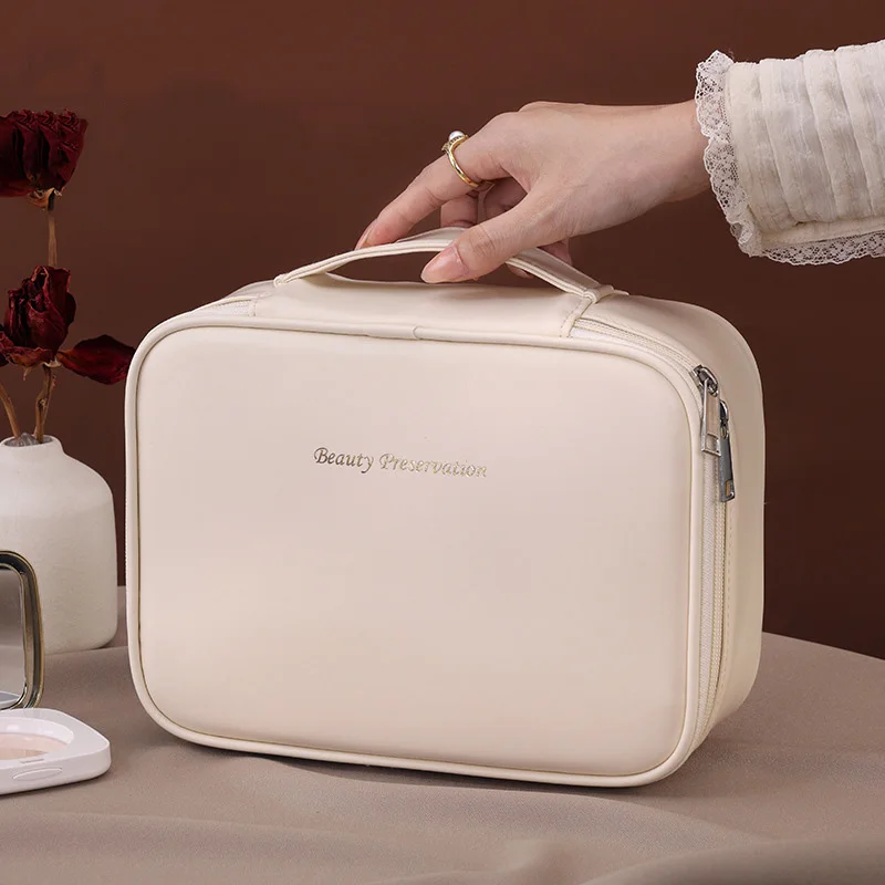 Borsa per trucco tote di grande capacità in PU all'ingrosso, organizer da viaggio, borsa per cosmetici, borsa per cosmetici, borsa a doppio strato da donna di lusso