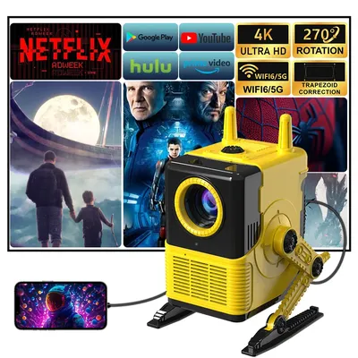 XBJ Robot Mini Smart Projector with WiFi & BT Auto Vertical Keystone 360° Rotation Portable Cinema Projector for Home Outdoor