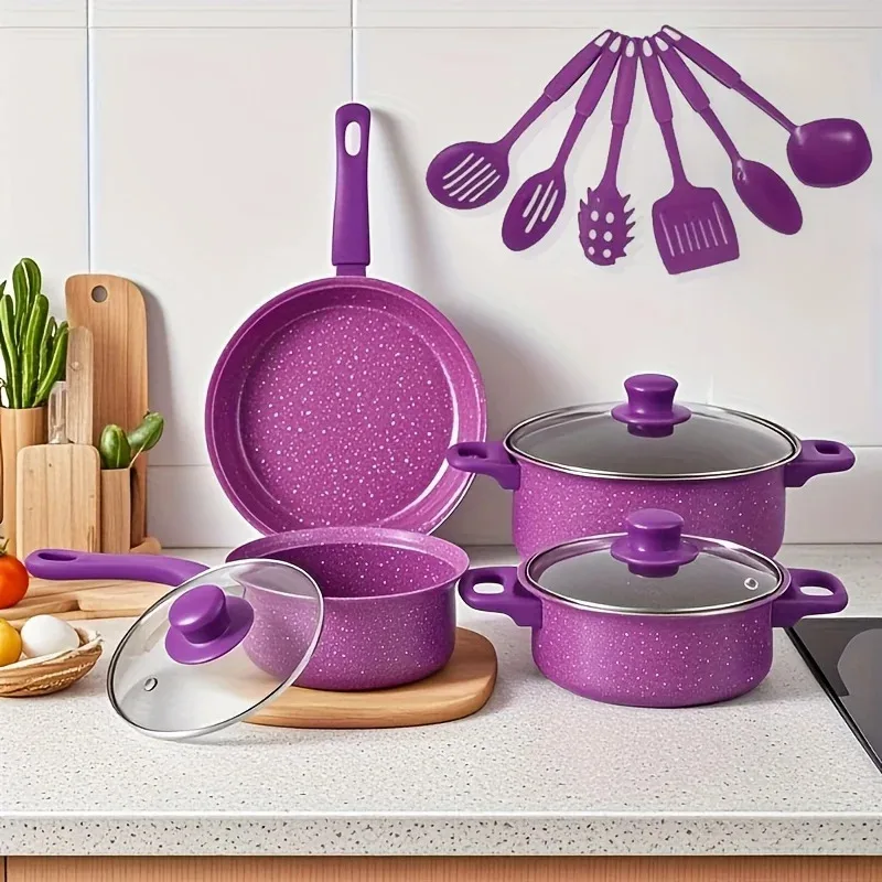 Batterie de cuisine antiadhésive, 13 pièces, avec poêle + casserole + casserole, Pots de cuisine colorés à Induction et sans gaz pour la cuisine à domicile