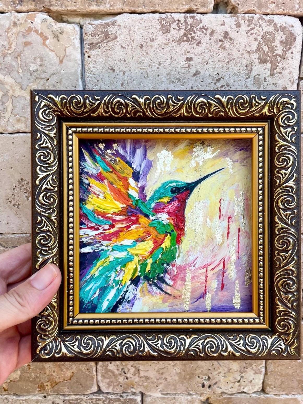 Dipinto ad olio di colibrì in cornice, opera d'arte originale da parete, opera d'arte di animali, piccola opera d'arte da parete, dipinto di impasto d