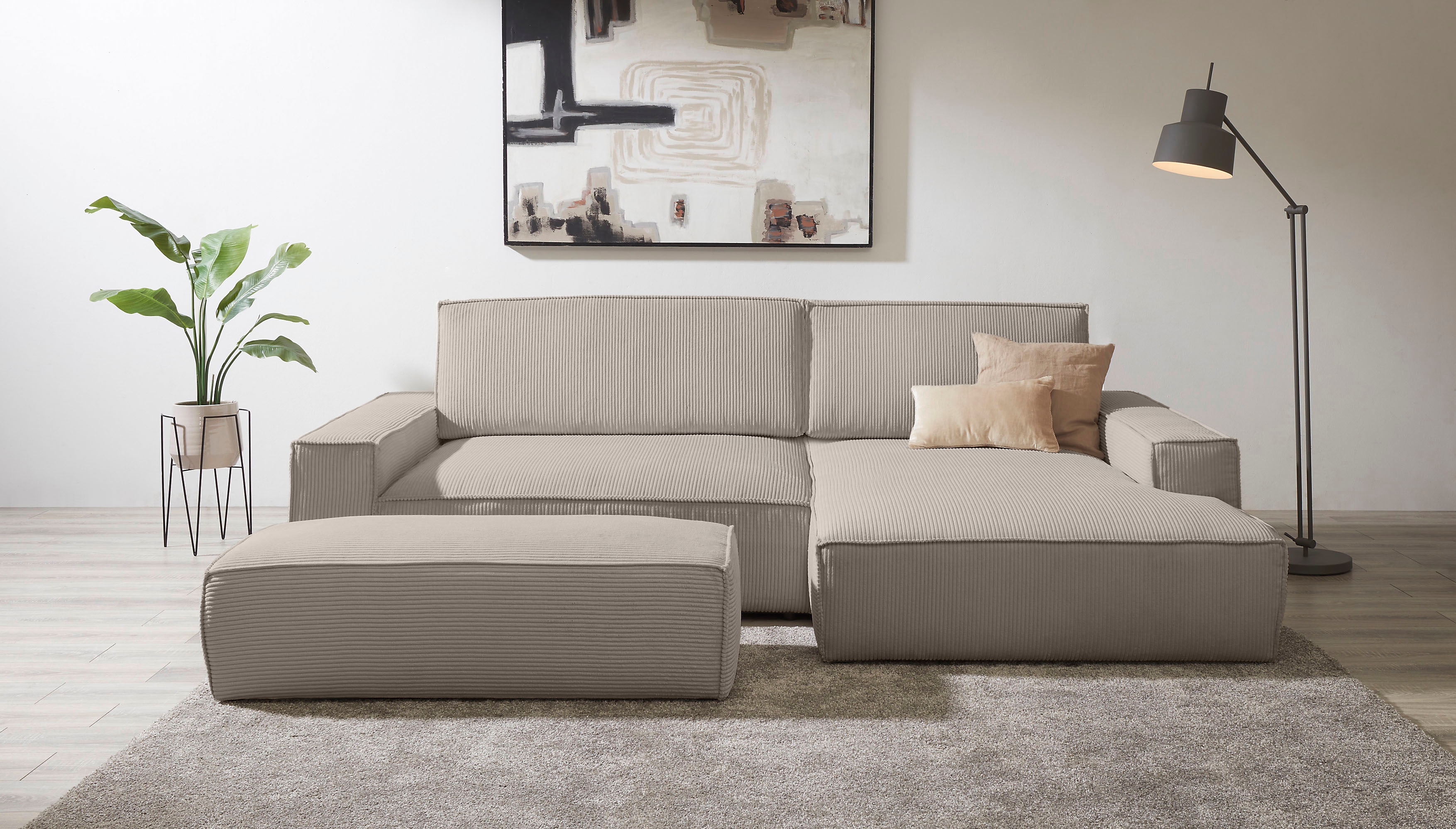 Polsterecke HOME AFFAIRE "SHERWOOD XXL tief, L-Form, Schlaffunktion, Bigsofa, Cord, Leinenoptik", greige, B:284cm H:90cm T:135cm, 100% Polyester, Sofas, stellbar zum Schlafsofa (Krokodilverbinder), Cord, Leinenoptik
