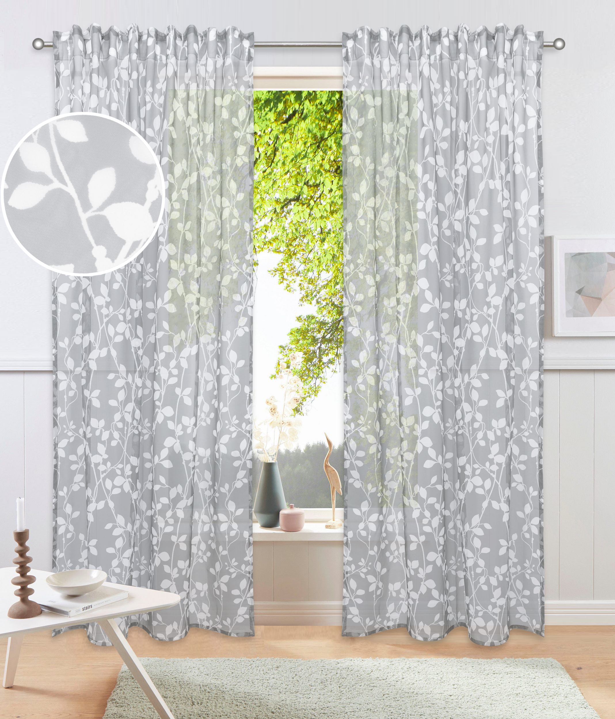 Gardine MY HOME "Issoire" Gr. 4, grau (hellgrau), B:140cm H:245cm, Polyester, Gardinen, Wohnzimmer, Schlafzimmer, Esszimmer, gemustert und halbtransparent Image