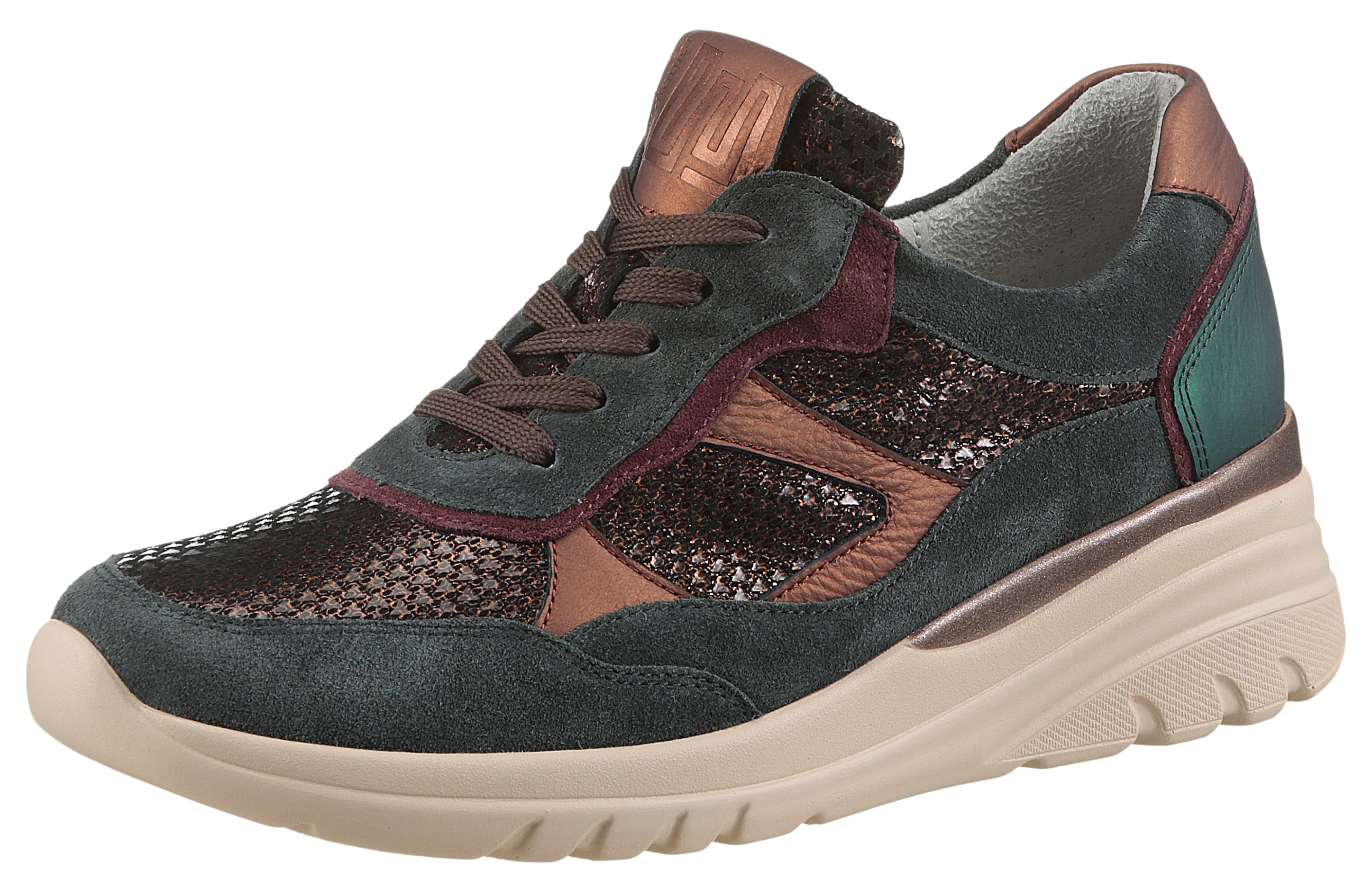 Keilsneaker WALDLÄUFER "H-CARLA", Damen, Gr. 8,5 (42,5), dunkelgrün kombiniert, Nappaleder, Nubukleder, Veloursleder, mehrfarbig, Schuhe, Bequemschuh, Schnürschuh, Halbschuh in Komfortweite H (= sehr weit)