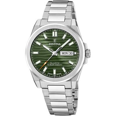 Quarzuhr FESTINA, silberfarben, grün, Armbanduhren, Damen, Armbanduhr, Damenuhr, Herrenuhr, Swiss Made, Edelstahlarmband, Datum Image