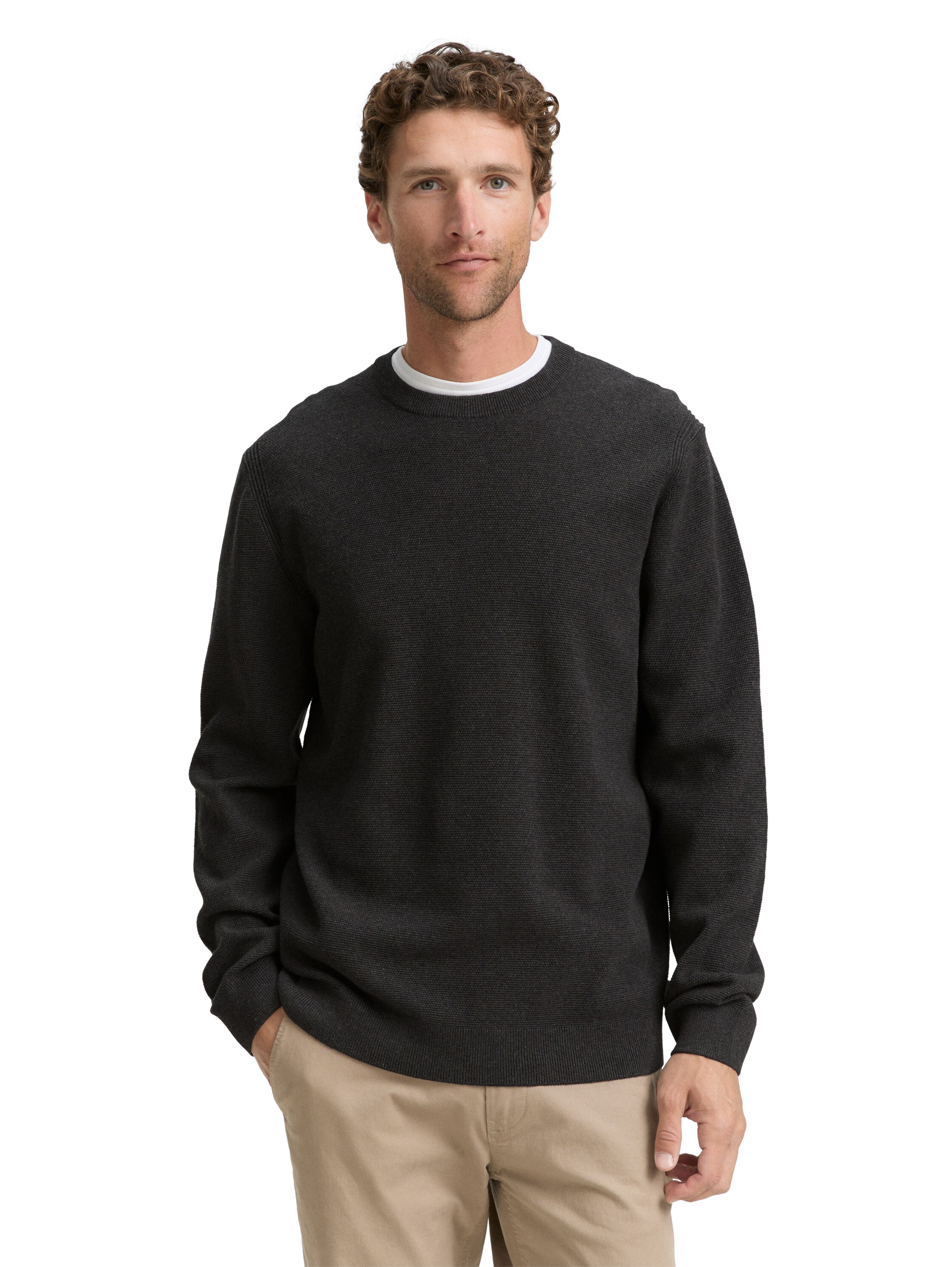 Strickpullover TOM TAILOR, Herren, Gr. XXL, schwarz (schwarz grau melange), Strick, Obermaterial: 100% Baumwolle, meliert, Casual, regular fit taillenbedeckt, Rundhals, Bündchen, Pullover, mit Bündchen