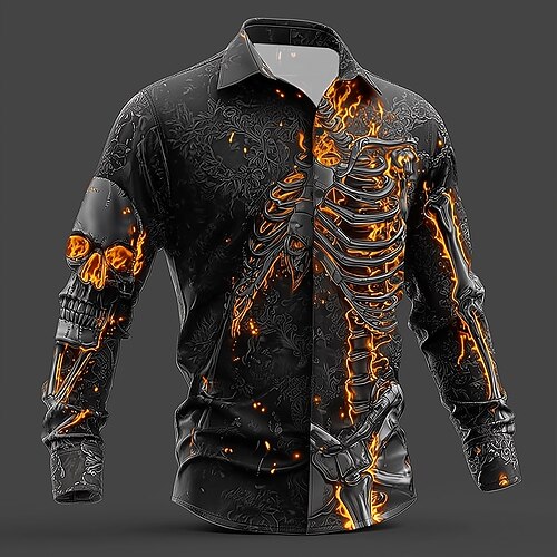 Herren Schädel Flamme Skelett Hemd Knopfhemd Langarm Dark Punk Gothic Outdoor Ferien Sommer Frühling Umlegekragen 3D-Druck Hemden mit Kragen Schwarz 1 Schwarz Image