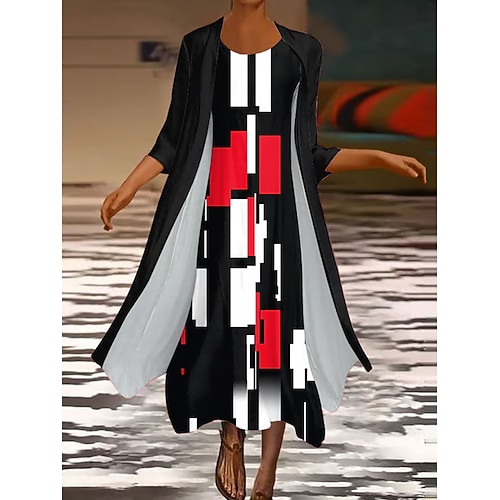 Damen Kleid-Set Maxidress Shiftkleid Sommerkleid Lässig Grafik Geometrisch Geschichtet Druck Maxikleid Dreiviertelarm Rundhalsausschnitt Täglich Weiß Rote Frühling Herbst Normale Passform Image