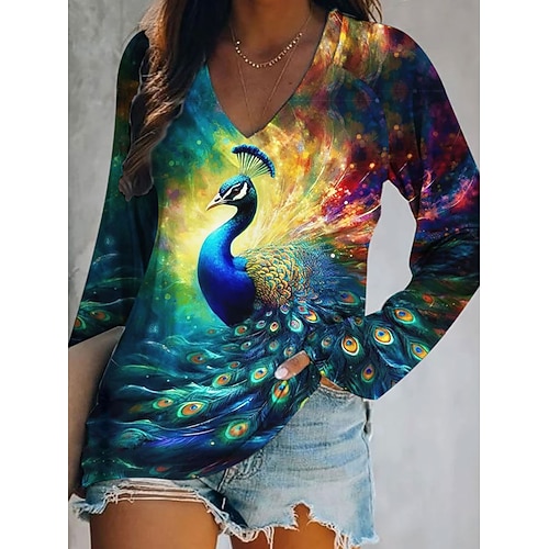 Damen T Shirt Druck Ombre Grafik Feder Elegant Bohemien Vintage Langarm V Ausschnitt Normale Oberteile Täglich Ausgehen Wochenende Blau Gelb Rosa Frühling Herbst Image