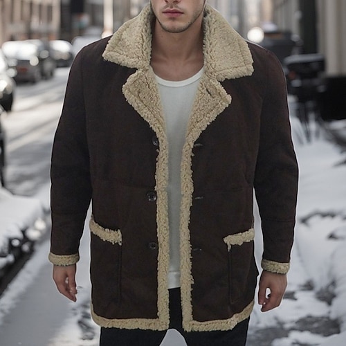 Herren Winterjacke Sherpa-Jacke Urlaub Täglich Thermowarm Tasche Fleece Winter Einfach Mode Streetwear Revers Regulär Schwarz Gelb Rote Kaffee Jacken Image