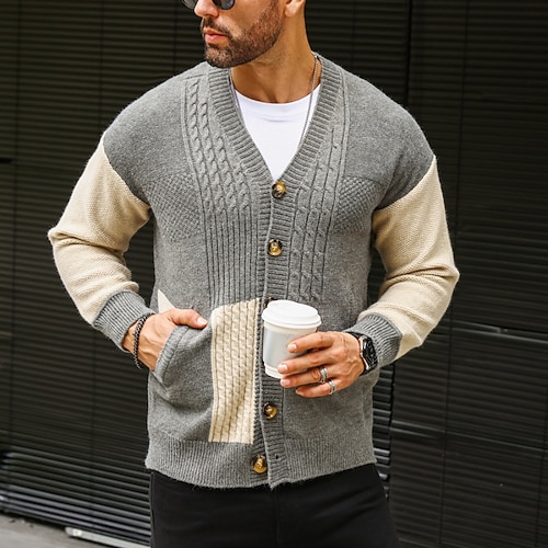 Herren Pullover Kleid Pullover Strickjacke Strickpullover Gerippt Zopfmuster Stricken Kurz Patchwork Gestrickt Einfach V Ausschnitt Mode Schals Lässig Alltagskleidung Bekleidung Herbst Winter Hellgrau