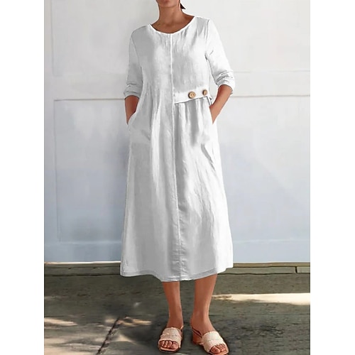 Damen Midikleid Baumwoll Mischung Shiftkleid Freizeitkleid Basic Modern Täglich Wochenende Normale Passform Einfach Dreiviertelarm Rundhalsausschnitt Schwarz Weiß Gelb Rote Sommer Frühling Herbst Image
