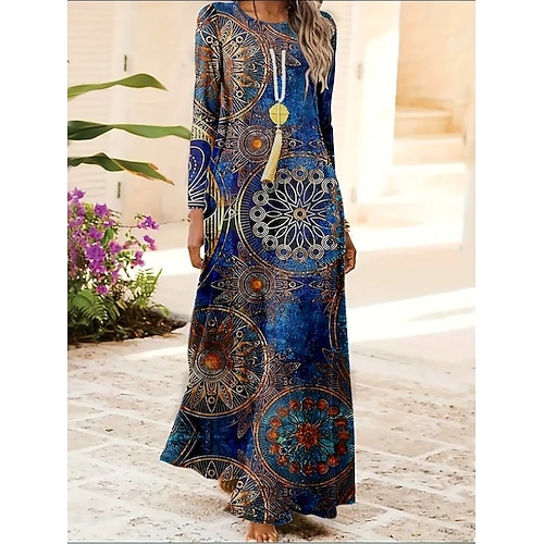 Damen Maxikleid Shiftkleid A Linie Kleid Lässig Boho Täglich Date Ausgehen Normale Passform Blumen Grafik Batik Langarm Rundhalsausschnitt Blau Frühling Herbst Winter Image