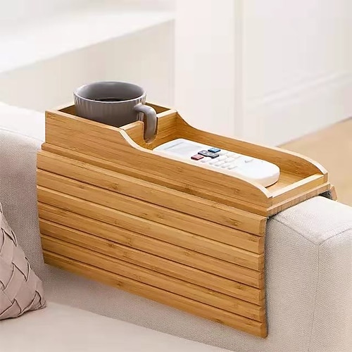 stilvolles Sofa-Armlehnentablett aus Bambus mit Getränkehalter – Anti-Fall-Design, klappbarer Ablagetisch für Snacks, Telefone, Getränke Tassen, zeitgenössisches Wohnaccessoire, Getränketablett Image
