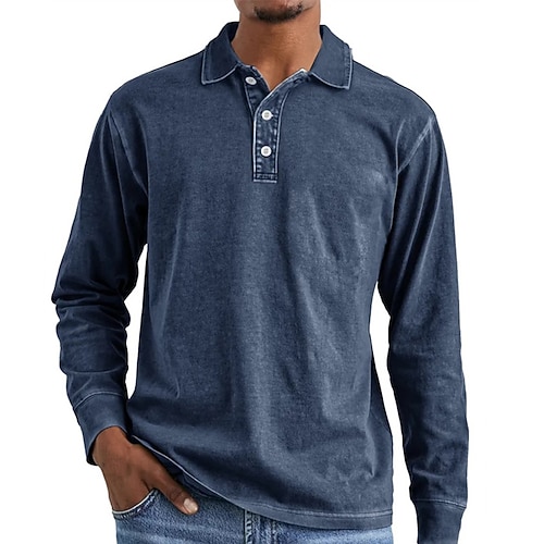 Herren Golfshirt Golf Poloshirts Arbeit Lässig Revers Langarm Basic Modern Einfach Knöpfe Frühling Herbst Normale Passform Schwarz Rosa Marineblau Blau Purpur Braun Golfshirt Image