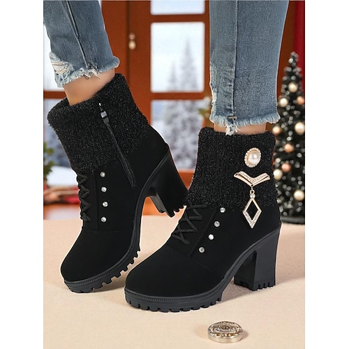 Schwarze Damenstiefeletten mit Strickbündchen, Strass-Schnürung und Blockabsatz – elegante Winterstiefeletten mit Absatz für Weihnachtsoutfits und Wintermode Image