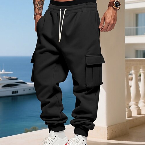 Herren Jogginghose Fleecehose Hose Cargo-Jogginghose Freizeithose Kordelzug Elastischer Bund Einfarbig Feuchtigkeitsableitend Atmungsaktiv Volle Länge Outdoor Täglich Laufen Urlaub Mode Schwarz Weiß Image