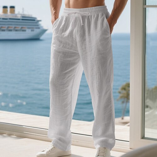 Herren Leinenhosen Hose Sommerhose Baggy-Hosen Kordelzug Elastischer Bund Gerader Schnitt Einfach Komfort Atmungsaktiv Volle Länge Outdoor Lässig Täglich Mode Klassicher Stil Denim Blue Hellgrün Image