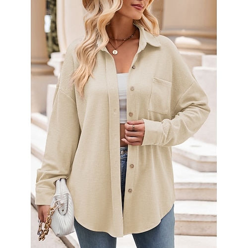 Damen Hemd Sommerhemd Freizeithemd Knopfhemd Tasche Knöpfe Einfarbig Urlaub Stilvoll Lässig Langarm Umlegekragen Normale Oberteile Täglich Outdoor Ferien Schwarz Khaki Beige Frühling Herbst Winter Image