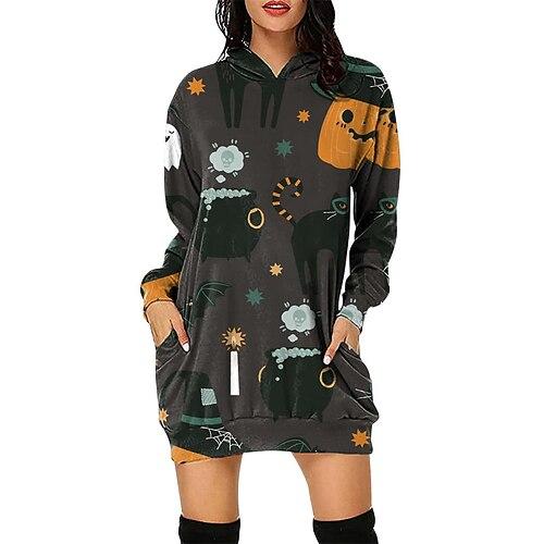 Damen Minikleid Kapuzenkleid Freizeitkleid Mode Modern Halloween Täglich Wochenende Normale Passform Kürbis Langarm Mit Kapuze Gelb Blau Purpur Grün Frühling Herbst