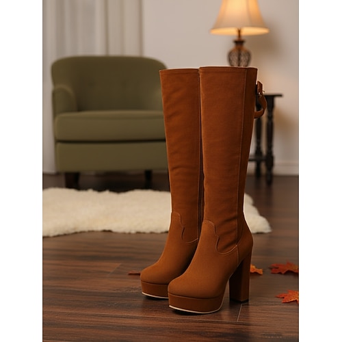 Kniehohe Plateaustiefel aus Wildleder für Damen mit verstellbarem, breitem Reißverschluss an der Wade, modische Stiefel mit Blockabsatz für urbane Streetwear Image