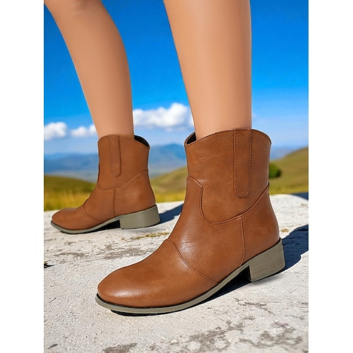 Weinrote Damenstiefeletten aus Kunstleder – lässige Stiefeletten im Westernstil mit niedrigem Absatz für Arbeit, Reisen und Alltagsoutfits Image