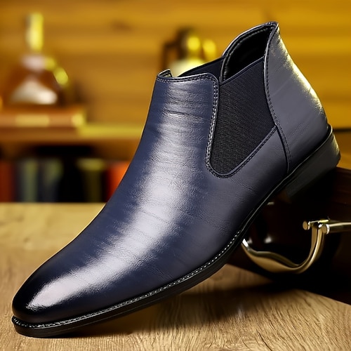 Marineblaue Chelsea-Stiefel für Herren im klassischen Slip-On-Design, elegante Anzugstiefel aus echtem Leder für Business, Büro und formelle Anlässe Image