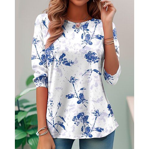 Damen T Shirt Druck Blumen Grafik Pflanzen Vintage Mode Stilvoll Langarm Rundhalsausschnitt Normale Oberteile Täglich Wochenende Blau Schwarz Rosa Purpur Grün Sommer Frühling Herbst Image