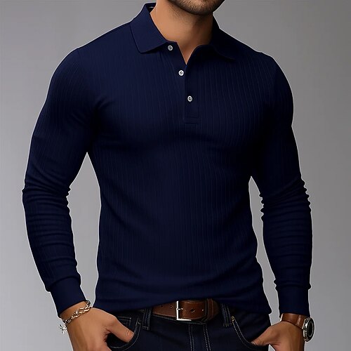 Herren Rippenstrick-Top Textur Geschäft Lässig Gerippter Polokragen Langarm Mode Basic Einfarbig Stricken Herbst Winter Ganzjahres Schmale Passform Weiß Marineblau Rippenstrick-Top Image