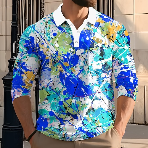 Herren Spritztinte Polo Langarm Polo-Shirts Revers Lässig Straße Athleisure Alltagskleidung 3D-Druck Knöpfe Frühling Herbst Winter Gelb Blau Purpur Image
