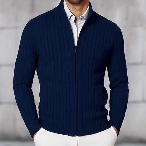 Herren Pullover Kleid Pullover Strickjacke Reißverschluss-Pullover Strickpullover Gerippt Stricken Kurz Gestrickt Gerippt Einfach Stehkragen Mode Schals Geschäft Lässig Bekleidung Herbst Winter