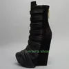 Dame Schwarz Wildleder Keileabsatz Reißverschluss Stiefel Plattform Schnalle Riemen Reißverschluss Wildleder Schwarz Gold Gladiator Stil Sexy Schuhe Größe 34-46