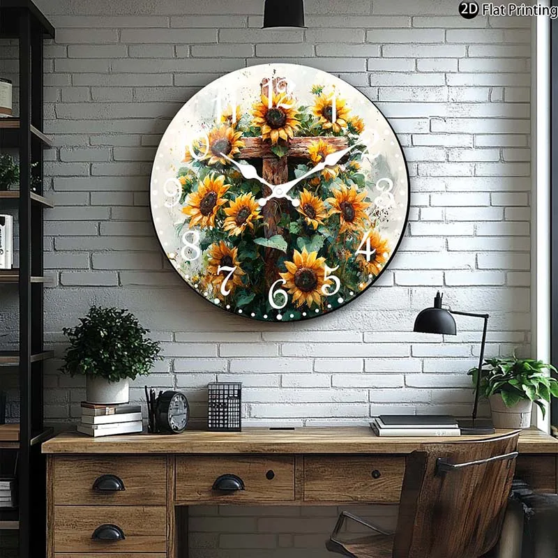 Stille Wanduhr aus Holz, Sonnenblumen-Kreuzuhr, Zifferblatt, Quarzuhren für Küche, Zimmeridee, Weihnachten, Halloween, Neujahrsgeschenk Image