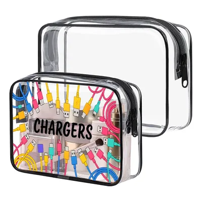 Transparent High Quality PVC Travel Toiletry & Electronics Organizer Bag with Single-Sided "CHARGERS" Print - Portable Multi-Fun