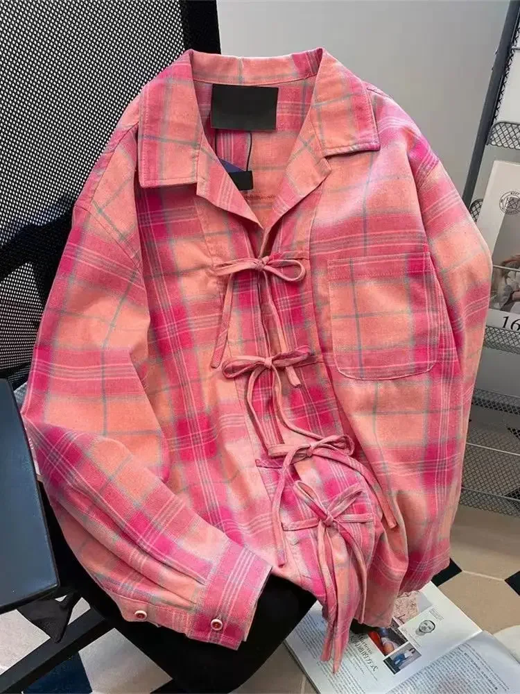 Y2k American Vintage Rosa Kariertes Hemd Frauen Sommer Mode Neue Revers Neck Blusas De Mujer 2025, Lose Langarm Blusen