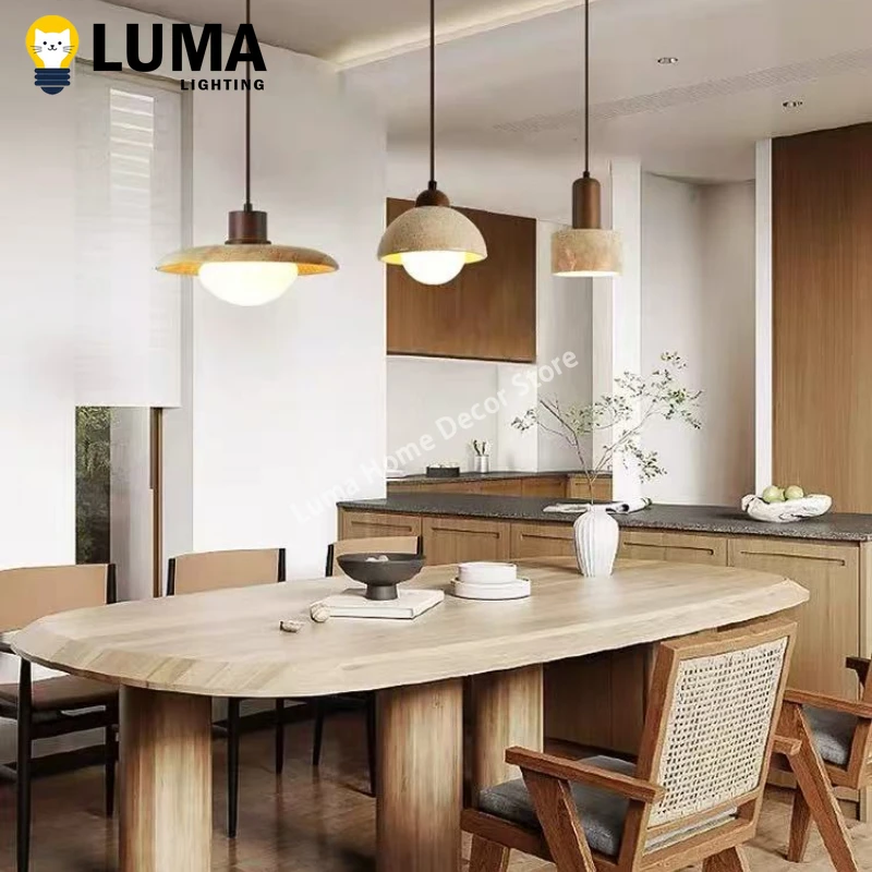 Luma Wabi Sabi Gelbe Travertin-Pendelleuchte für Kücheninsel, Stein, Holz, Hängeleuchte, Restaurant, Schlafzimmer, Nachttisch, Heimdekoration