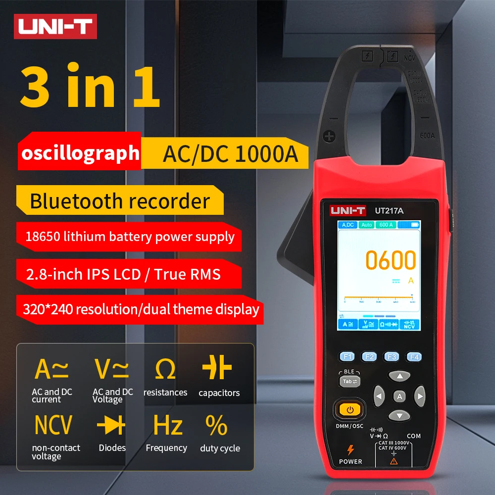 EINHEIT 3-in-1 1000 A AC/DC-Zangenmessgerät + Oszilloskop, Bluetooth-Recorder-Funktion, einkanaliges NCV-True-RMS-Digitalmultimeter Image