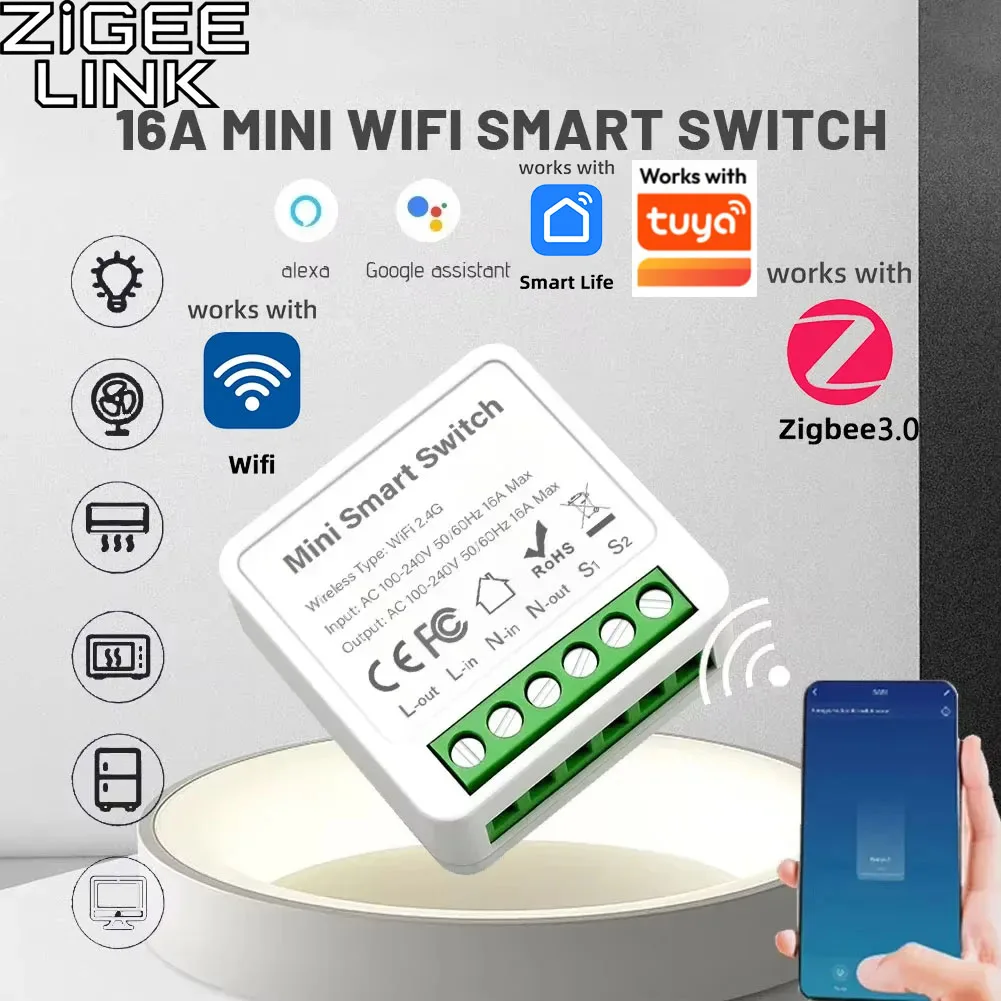 Tuya 16A Mini Wifi/ZigBee 3,0 Smart Switch Smart Home DIY Licht Schalter Modul 2-weg Steuerung sprachsteuerung Alexa Alice Google Image